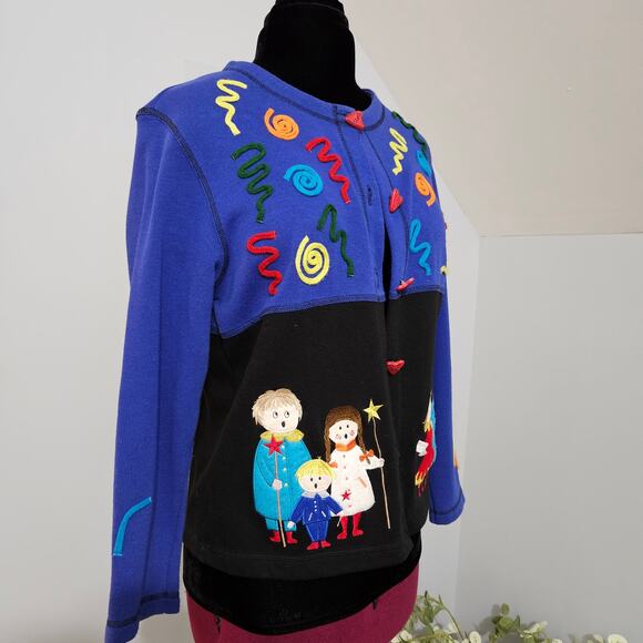 Sport Elle Ugly Christmas Sweater Blue Embroidered Caroling Noel Cardigan M - Picture 3 of 11